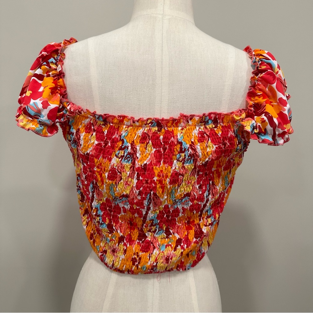 SHEIN Shirred Crop Top Orange and Red Floral Size Large 8/10 - Picture 2 of 10